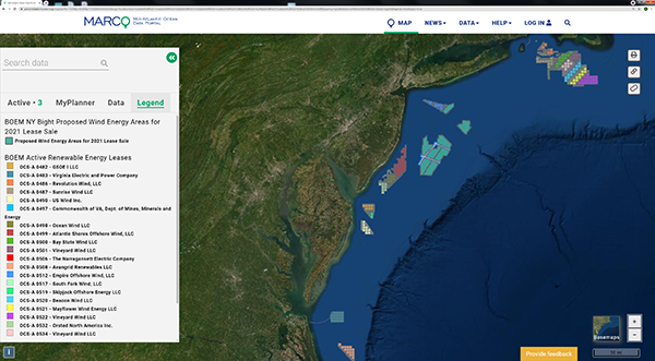 A screenshot from the MARCO portal showing proposed wind energy areas for lease.